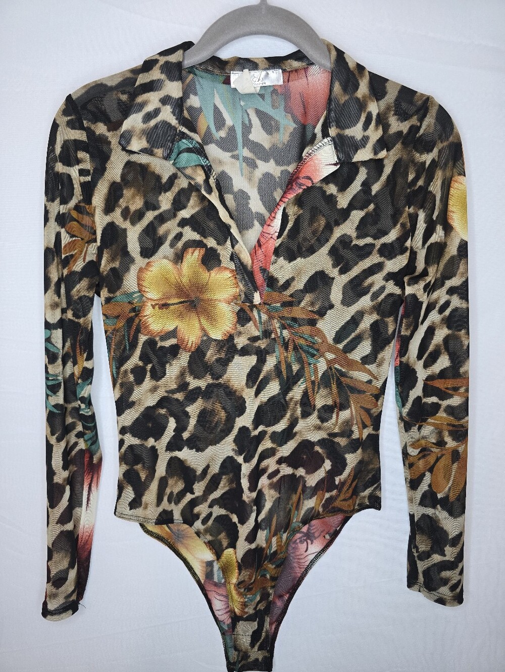 A3 Design Leopard Floral Mesh Long Sleeve Bodysuit Top Size Medium